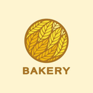 Yuvarlak çerçeveli sarı ve turuncu buğday dikenli logo. Kahverengi metin, fırın. Mağaza, gıda dükkanı, tarım veya un ürünleri için simge, sembol, marka kimliği. Vektör illüstrasyonu