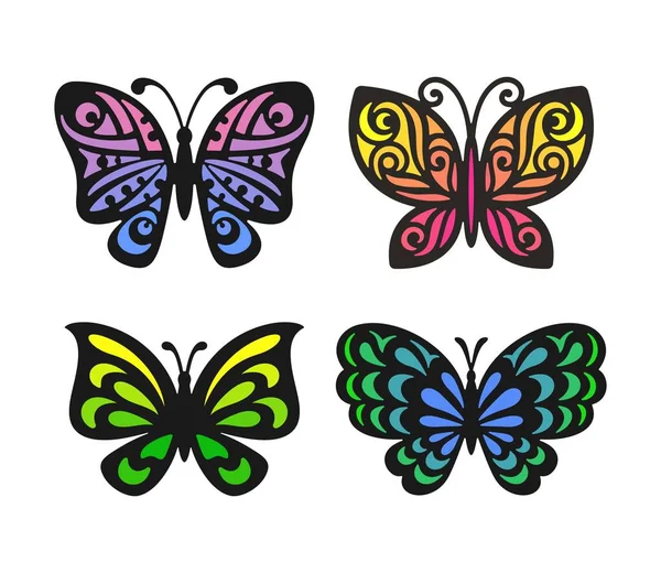 Set Wunderschöner Mehrfarbiger Durchbrochener Schmetterlinge Mit Schwarzem Umriss Bunte Isolierte — Stockvektor