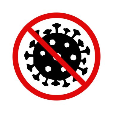 Coronavirus işaretini durdur (tür 2019-nCoV, COVID-19). Kırmızı yasak çemberde siyah virüs hücresi olan basit bir ikon. Salgın veya salgın sırasında enfeksiyon kapma tehlikesi uyarısı. Vektör illüstrasyonu.