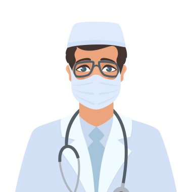 Koruyucu tıbbi maske, şapka ve beyaz önlük takan bulaşıcı bir hastalığın portresi. Siyah saçlı, gözlüklü, boynunda steteskop olan bir erkek virolog ya da terapist. İzole vektör illüstrasyonu.