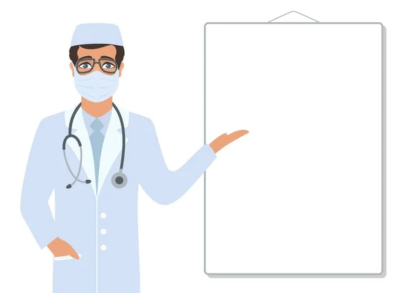 Portrait Doctor Pointing White Blank Screen Whiteboard Copy Space Place — Stock Vector