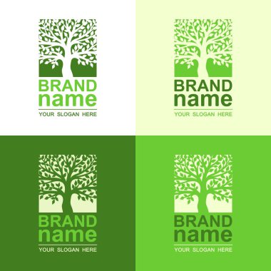 Kare ağaç logoları. Simge, eko işareti, biyolojik sembol, marka kimliği, logoti şablonu, rozet, etiket, bahçe işleri, tarım, sağlıklı, doğal gıda tasarım unsurları. Vektör illüstrasyonu.