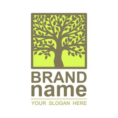 Kare ağaç logosu. Yeşile boyanmış kahverengi yaprak ve gövde. Simge, ekolojik işaret, biyolojik sembol, marka kimliği, bahçe, tarım, sağlıklı ve doğal gıdalar için logoti şablonu. Vektör resmi.