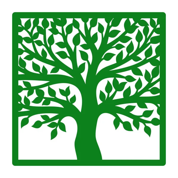 Silueta Árbol Ramificado Con Hojas Marco Cuadrado Objeto Aislado Verde — Vector de stock