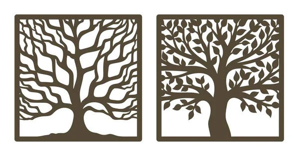 Two trees in a square frame, with and without leaves. Brown trunk, branches. Design element, sample panel for plotter cutting. Template for paper cut, plywood, cardboard, metal engraving, wood carving