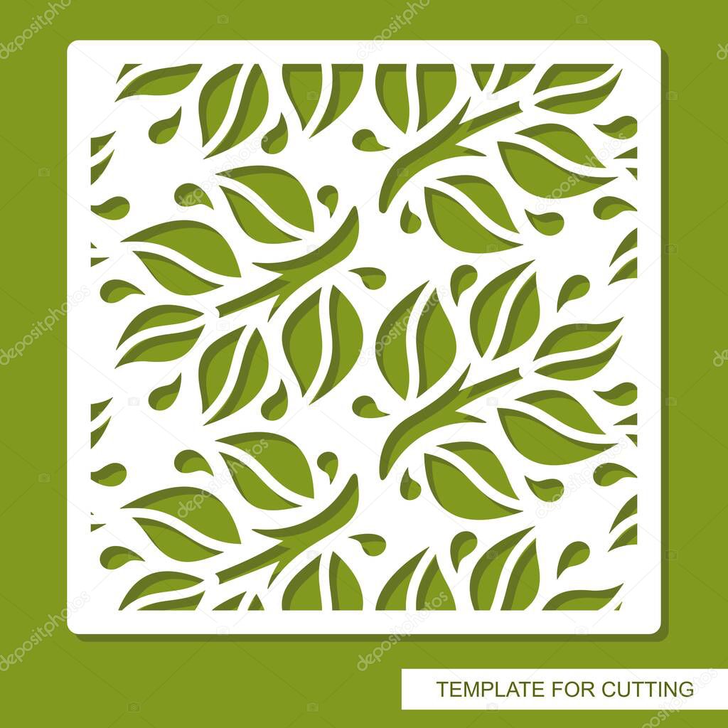 Vector square frame with a pattern of branches, leaves. Design element, sample panel for plotter cutting, handmade. Template for paper cut, plywood, cardboard, metal engraving, wood carving, printing.