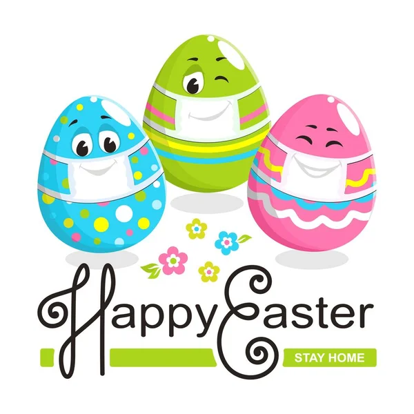 Čtvercový Barevný Šťastný Velikonoční Přání Tři Veselá Roztomilá Vejce Obličejem — Stockový vektor