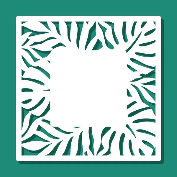 正方形相框 带有热带叶型图案 绿色背景上的白色物体 模版用于激光切割 金属雕刻 胶合板 矢量说明 — 图库矢量图片
