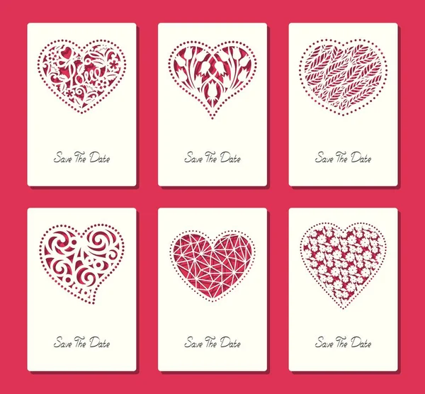 Conjunto Tarjetas Felicitación Cuadradas Con Corazones Calados Tallados Con Motivos — Archivo Imágenes Vectoriales