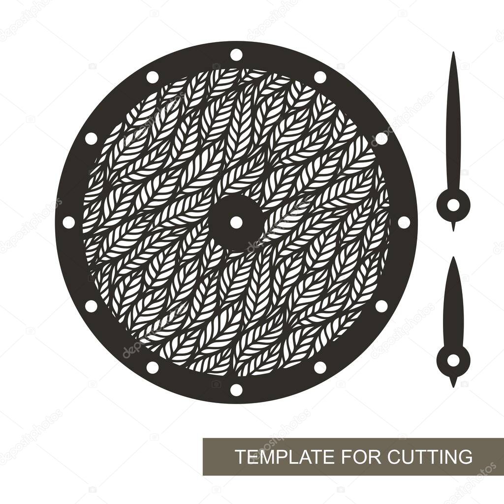 Round wall clock with openwork leaf ornament in the middle. Vector silhouette of the dial, hour and minute hands, without numbers. Sample for laser plotter cutting of paper, cardboard, plywood, wood.