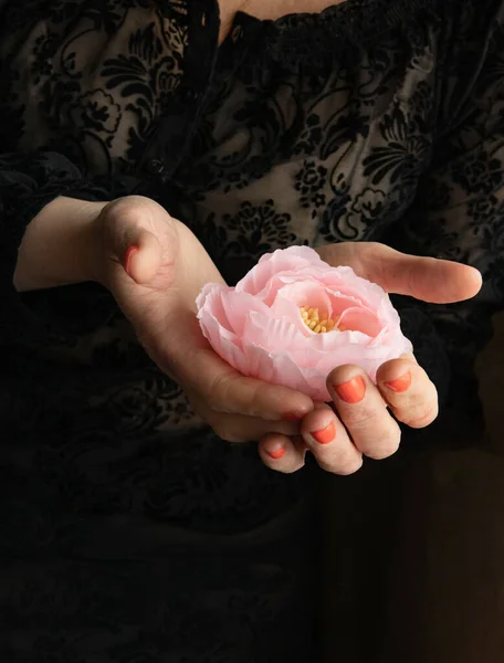 Pink Rose Handmade Fabric Hands Old Woman Craftsman Fragile Art — Stock Photo, Image