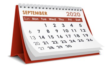 Eylül 2020 3d masaüstü takvimi beyaz arkaplan