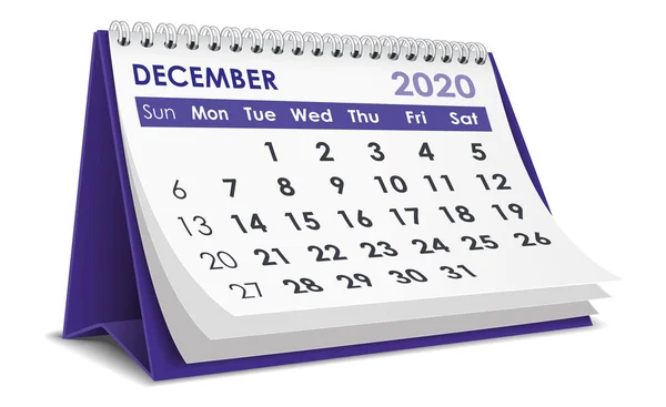 Dezember 2020 Desktop Kalender Auf Weißem Hintergrund — Stockvektor