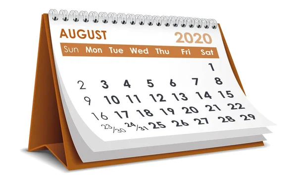 Август 2020 Календарь Рабочего Стола Белом Фоне — стоковый вектор