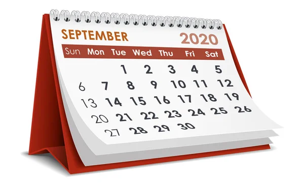 Eylül 2020 Masaüstü Takvimi Beyaz Arkaplan — Stok Vektör