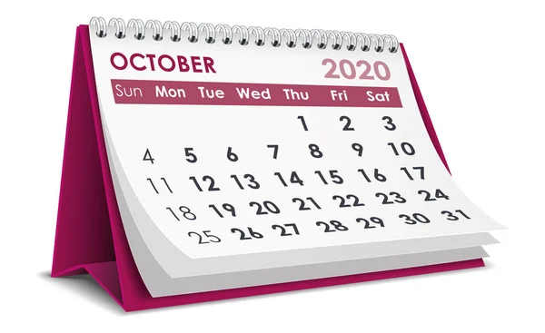 October 2020 Desktop Calendar White Background — Stock Vector