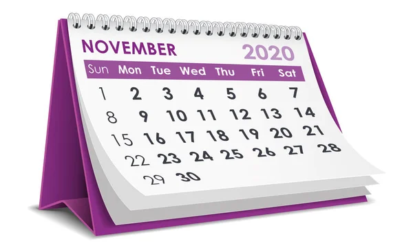 Novembre 2020 Calendario Desktop Sfondo Bianco — Vettoriale Stock