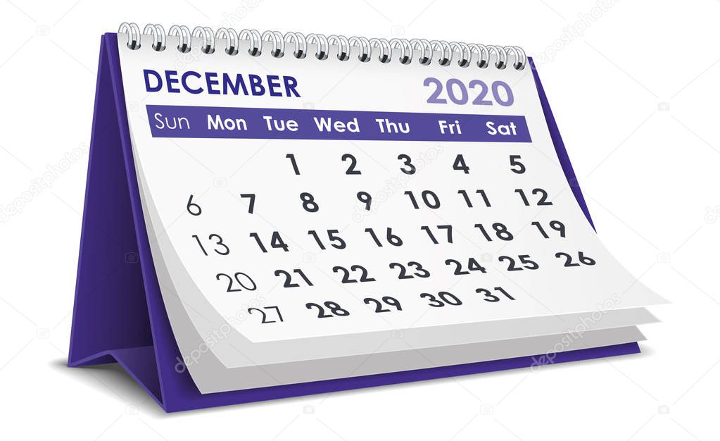 December 2020 3D desktop calendar in white background