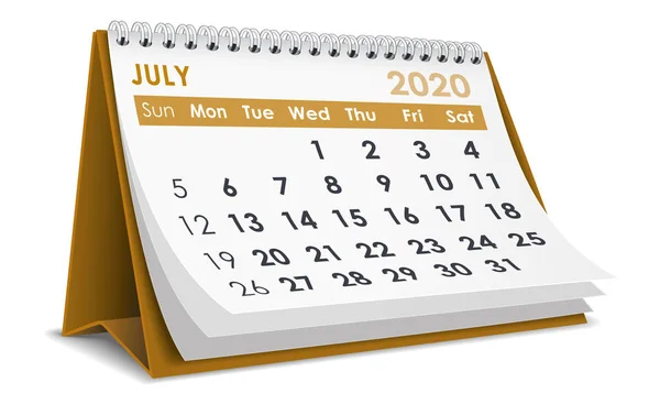 Julho 2020 Calendário Desktop Fundo Branco —  Vetores de Stock