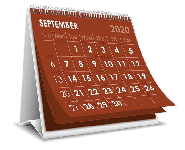 Setembro 2020 Calendário Fundo Branco — Vetor de Stock