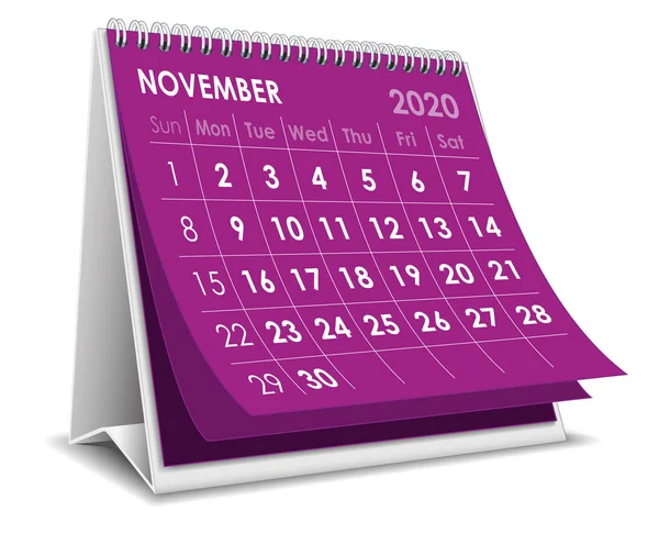 Calendario Novembre 2020 Sfondo Bianco — Vettoriale Stock