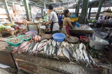 kimliği belirsiz bir kadın balıklar satmaktadır