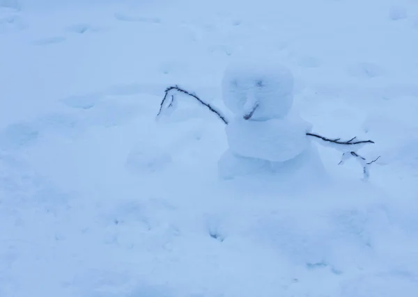 Een sneeuwpop gemaakt van sneeuw en hout — Stockfoto
