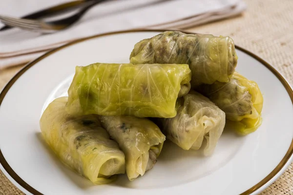 Delicious Homemade Stuffed Cabbage Leaves Traditional Dolma Mediterranean Cuisine White — Stock Photo, Image