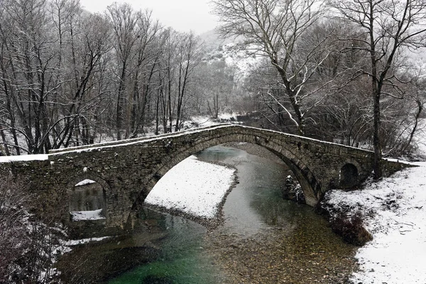 Veduta Del Tradizionale Ponte Pietra Kamber Agas Epiro Grecia Inverno — Foto Stock