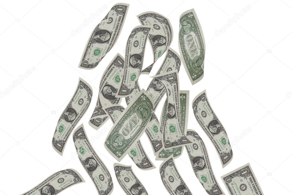 drop into bank notes on white background have path