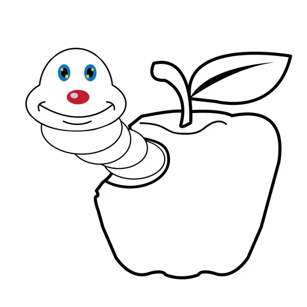 Larva gusano y dibujos animados de manzana para colorear página para toddle — Archivo Imágenes Vectoriales