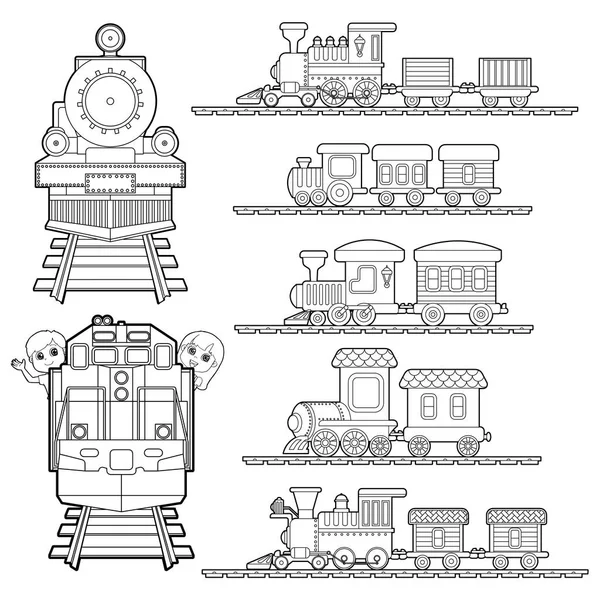 Conjunto de dibujos animados de tren, viajes en tren con niños y amigos para colorear página para el vector de niño pequeño — Vector de stock