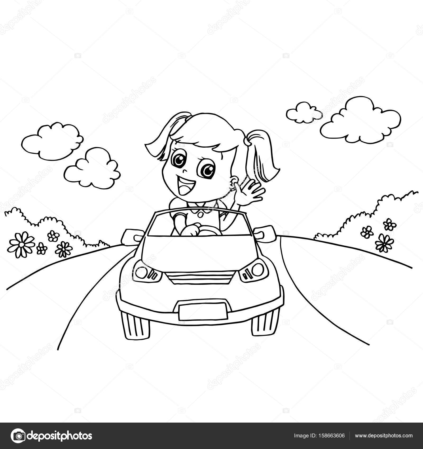 Klein Meisje Met Een Speelgoed Auto Kleurplaten Pagina Vector