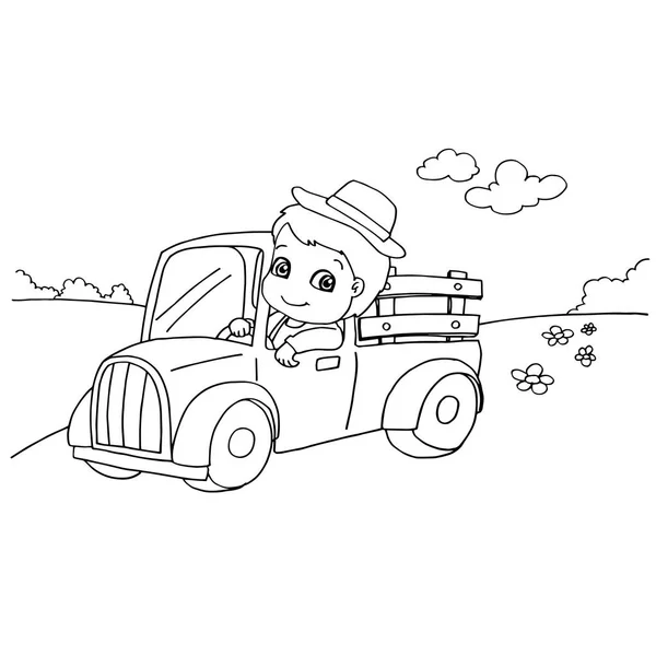 01-Menino dirigindo um brinquedo carro colorir página vetor — Vetor de Stock