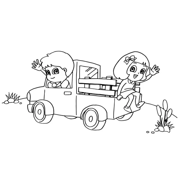 Little boy and friend driving a toy car coloring page vector — Stock Vector