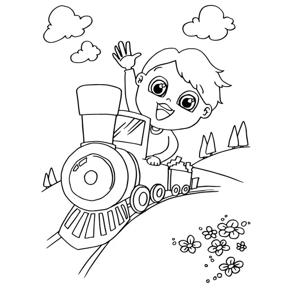 Little boy driving a toy train coloring page vector — Stock Vector