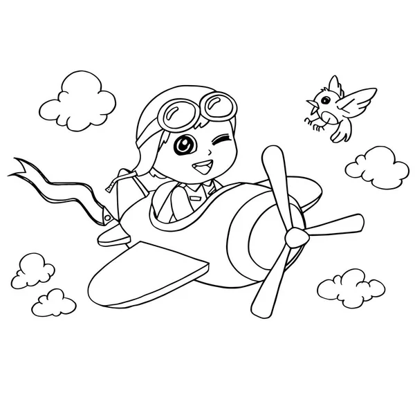 Petit garçon volant dans un avion jouet coloriage vecteur — Image vectorielle