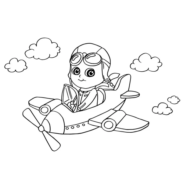 Little boy flying in a toy plane coloring page vector — Stock Vector