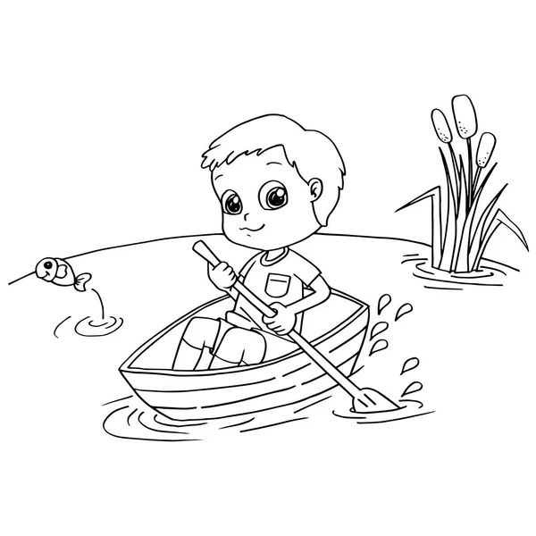 Little Boy rowing a boat  coloring page vector — Stock Vector