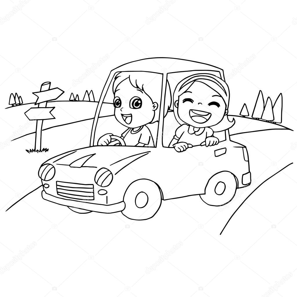 Niño conduciendo para colorear | Little boy y amigo conduciendo un