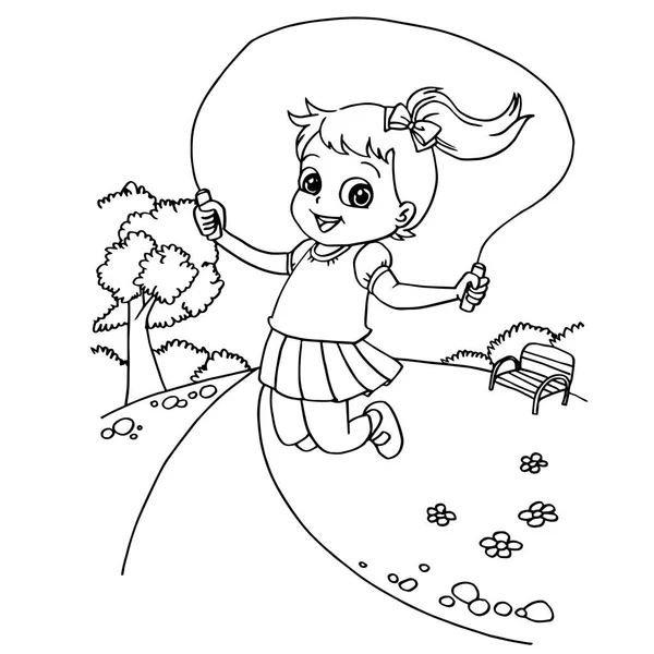 Kid springen touw tekenfilm kleurplaten pagina vector — Stockvector