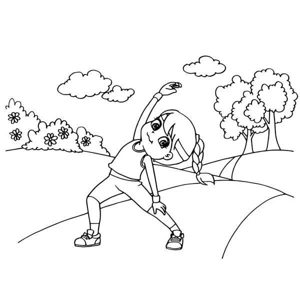 Girls doing gymnastic exercises or exercising cartoon coloring page vector — Stock Vector