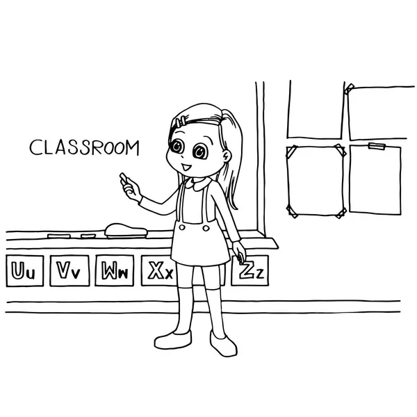 Niños en el aula en pizarra dibujos animados para colorear página vector — Archivo Imágenes Vectoriales