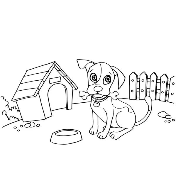 Cane con osso in bocca a casa fumetto colorazione pagina vettoriale — Vettoriale Stock