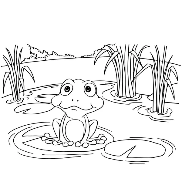 Cartoon-Frosch auf Lilienkissen am See Färbung Seite Vektor — Stockvektor