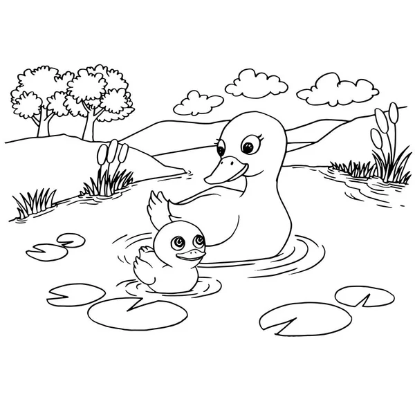 Dessin animé canard lac coloriage vecteur . — Image vectorielle