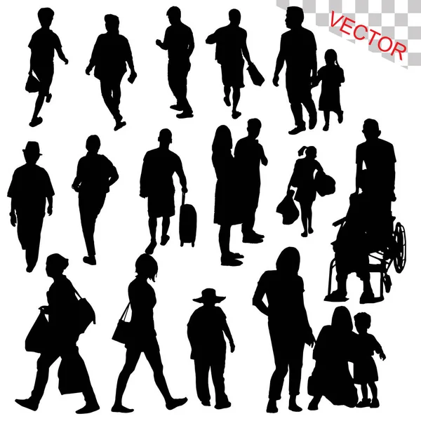Gente caminando al aire libre siluetas conjunto vector — Archivo Imágenes Vectoriales