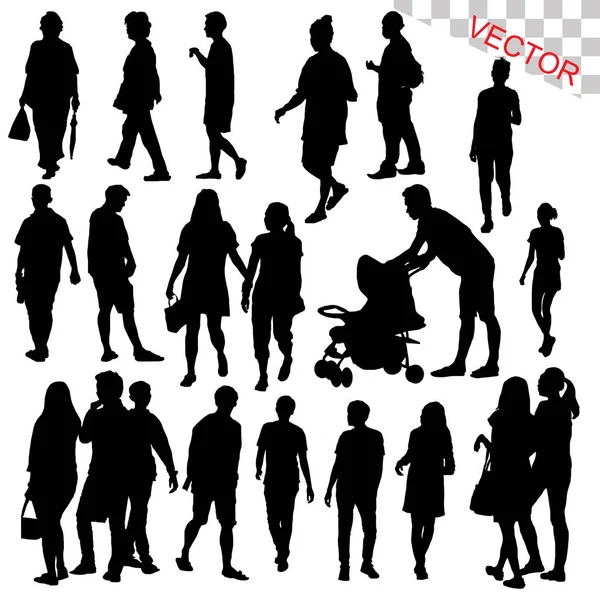 Gente caminando al aire libre siluetas conjunto vector — Vector de stock