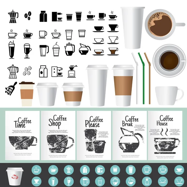 Duże ikony kawy i herbaty oraz zestaw kart okolicznościowych — Wektor stockowy