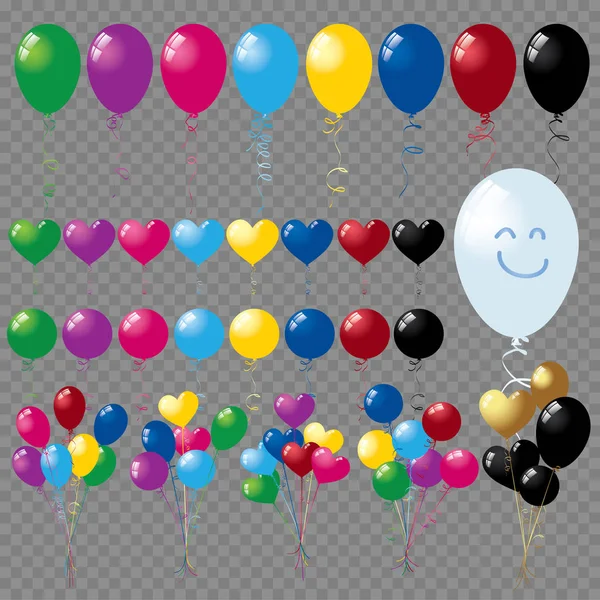 Buntar och grupper av färgglada heliumballonger isolerade på transparent bakgrund — Stock vektor